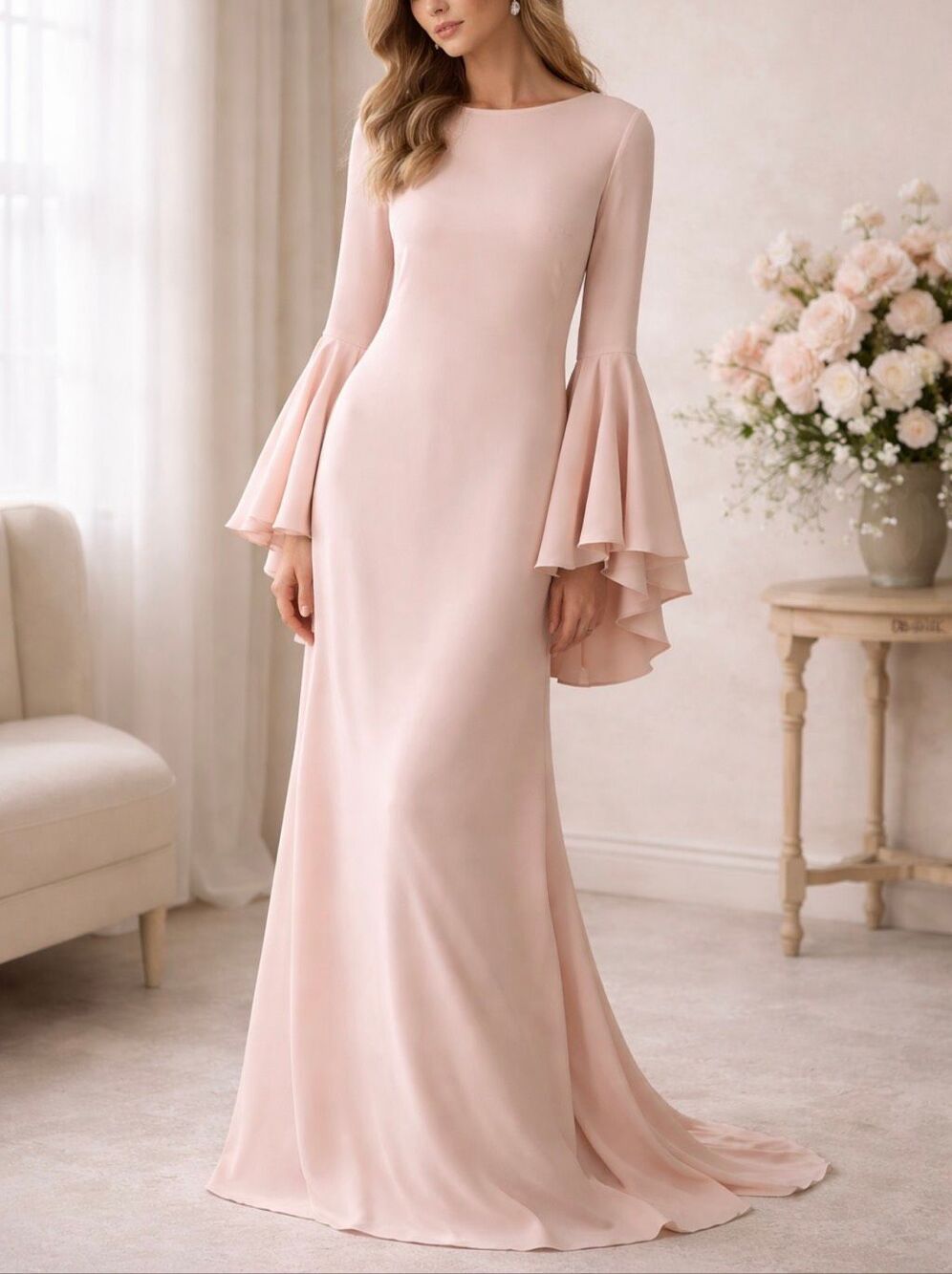 Sposa Bella Blush Pink Bell Sleeve Formal Gown Maxi Dress Womens M